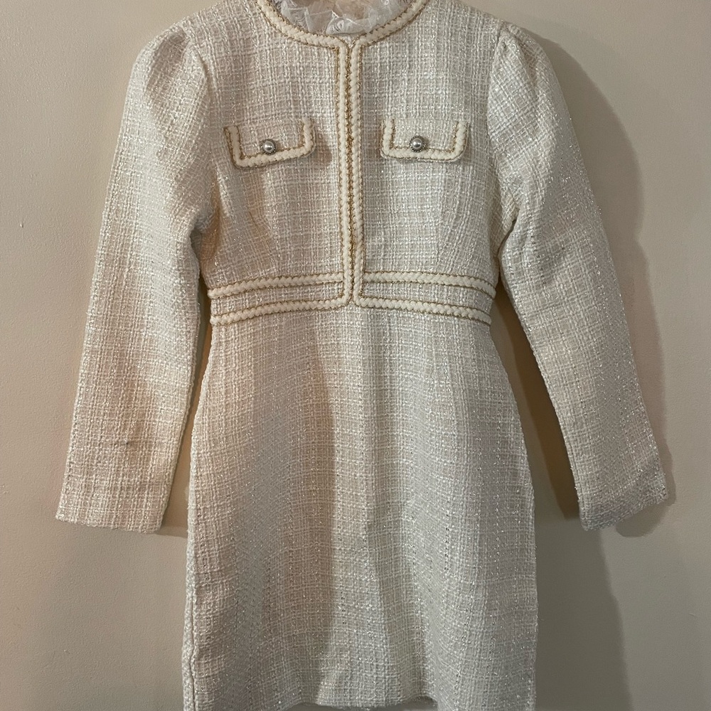 J.ING White Tweed Dress With Lace Collar - Women’s Size Medium NWT
